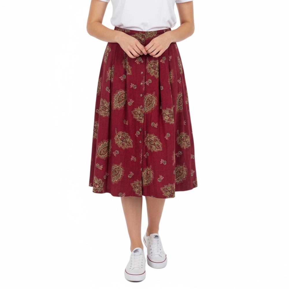 Orvis VTG Paisley Skirt 6 Button Front‎ Midi Red County Cottage Prairie Boho